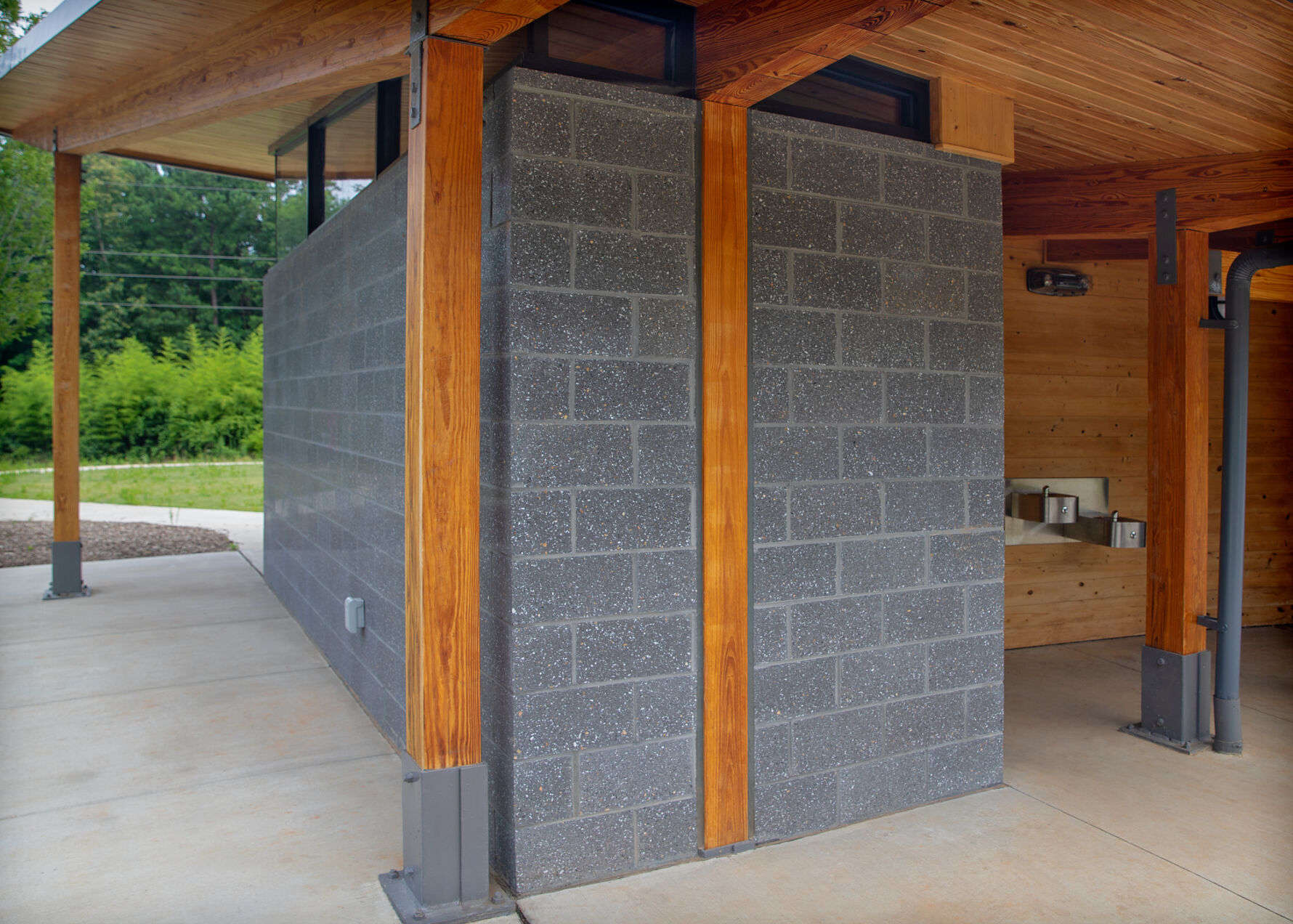 Sierra Park Shelter in Raleigh, NC featuring Prestige Masonry Architectural Block - Ground Face in Black Boulder