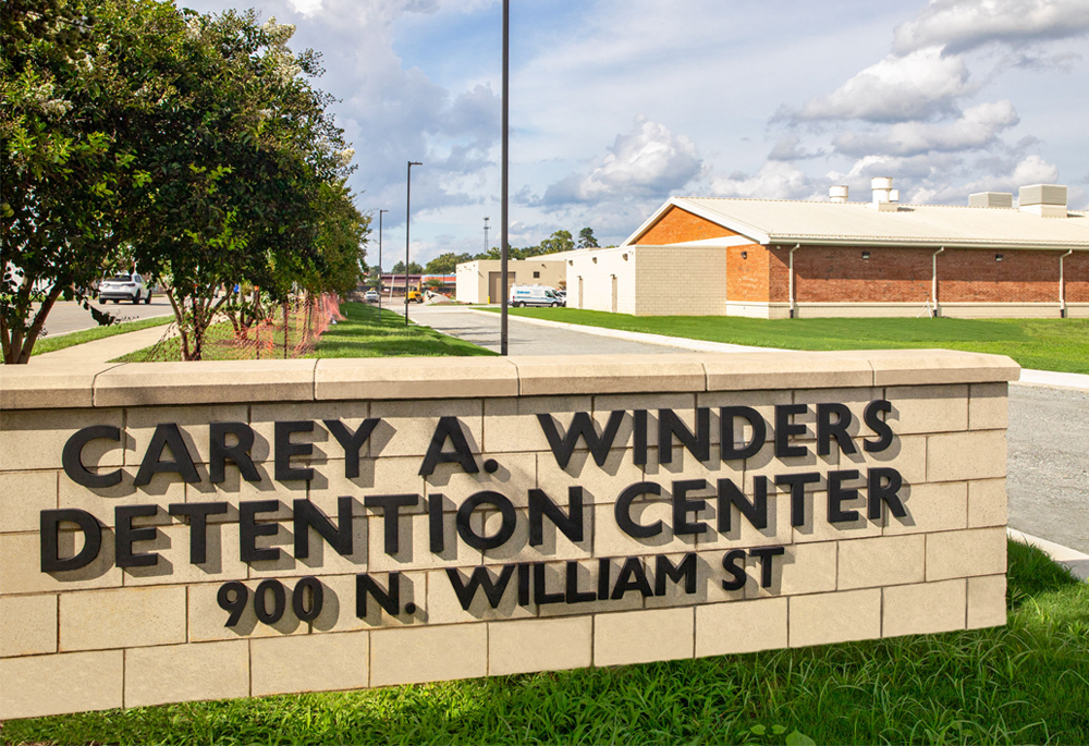 Wayne County Detention Center in Goldsboro NC featuring custom Ground Face architectural block in Cave of Crystals and contrasting concrete masonry accents.